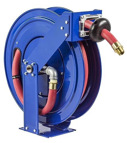 CoxreelsTSHF-N-650 Retractable Fuel Hose Reel, T-Fuel Series 1” x 50', 300 PSI-Easy-Maintenance Design with Brass Swivel and Multi-Position Mount Arm-Heavy Duty Steel Construction, Made in USA, Blue