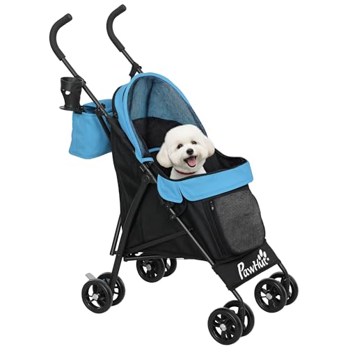 PawHut Cochecito para Perros Pequeños con Estructura de Paraguas Carrito para Perros Plegable con Cojín Lavable Portavaso Ventanas de Malla y Bolsa de Almacenamiento 76x44x103 cm Azul