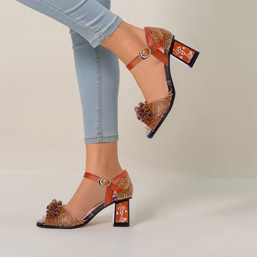 Riutiru Women's Handmade Lambskin Retro Casual Sandals for Spring and Summer, Contrast 3D Color-blocking Flower Comfortable High-heeled Sandals for Women4