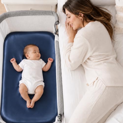 Image of Satin Bedside Bassinet Sheet, Great for Baby Hair, Soft Silk Feeling Sheet for Rectangle Cradle Bassinet Mattress Pad, for Boys Gift Newborn and Infant(Navy)
