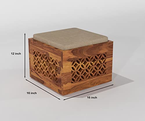 Image of Sheeshsam Wooden Coffee Table with 4 Stools for Living Room - Solid Wood Coffee Table with Cushion Seating Stools Tea Table Teapoy Center Piece for Home Sofa Center Table (Kaine Honey)