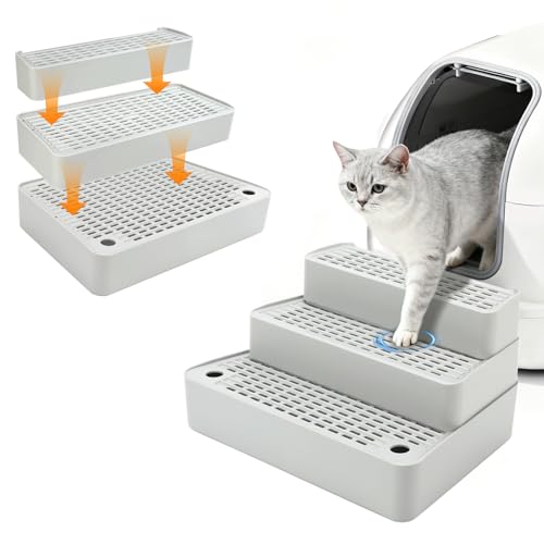 Midollarle Adjustable 3 Steps Cat Ramp for Litter Box Detachable Cat Pedal Step Stool with Filter Function Triple Layered Cats Litter Trapper Suitable for Small&Elderly Cats Non-Slip(Grey)