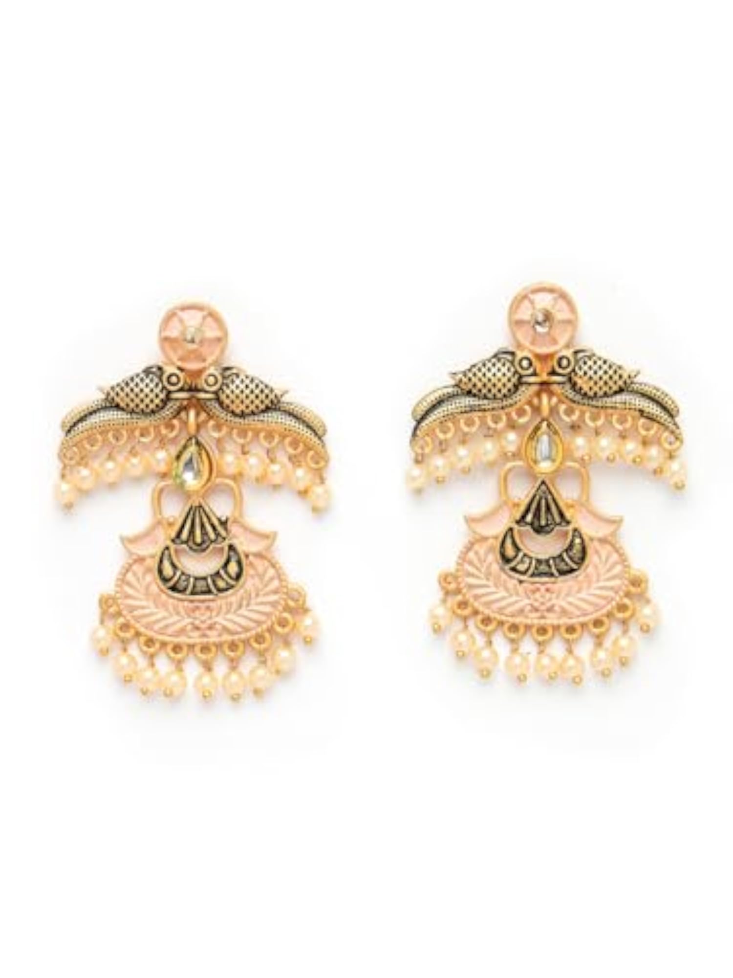 Antique Gold-Plated Pink Hand-Painted Peacock Drop Earrings