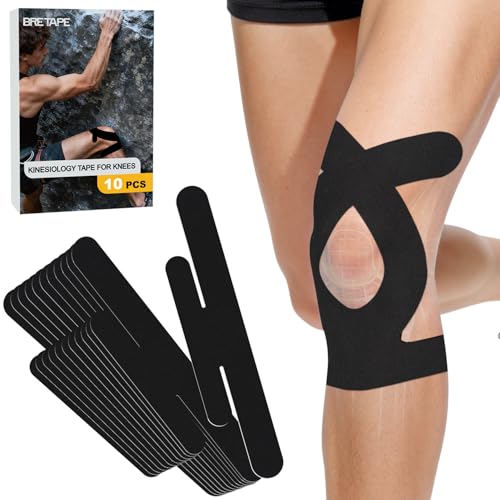 Precut Kinesiology Tape for Knees 10 Pcs Adhesive Knee Tape Athletic Tape for Knee Pain Relief Latex-Free Elastic for Knee Stability - Black