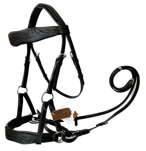 AMAZING HORSE STUFF Sidepull Bitless Bridle with Designer Hand Carving On Brow & Noseband Curved Shaped Black (Full, Cob, Pony) (Cob)
