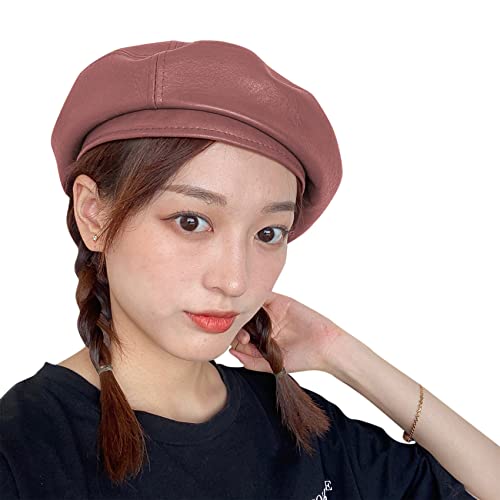 Mosstyus Women's Classic Pu Leather French Beret Hat Retro Beanie Hat Adjustable Artist Painter Pumpkin Cap, Wine Red #TOP1