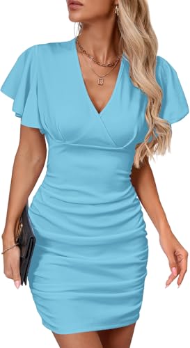 Image of Women's Sexy V Neck Ruffle Sleeve Bodycon Mini Cocktail Party Dress Casual Short Sleeve Work Dress