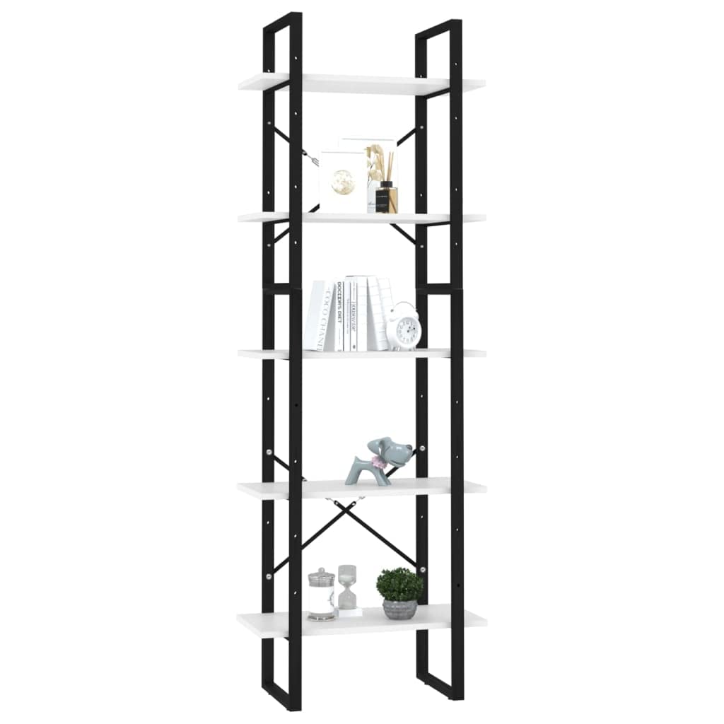 Librería con 5 compartimentos, color blanco, 60 x 30 x 175 cm, material de madera, marco de metal, diseño moderno, estante alto, estante bajo, set para salón, oficina
