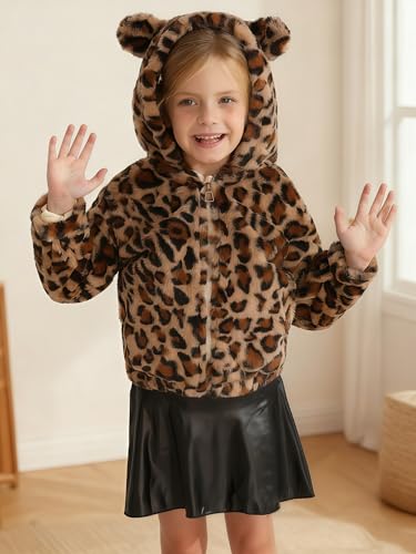 Patgoal Toddler Girls Fleece Jacket Bear Ear ZipUp Leopard Hooded Coat Fall Winter Fuzzy Warm Outerwear with Pocket 2-7T2