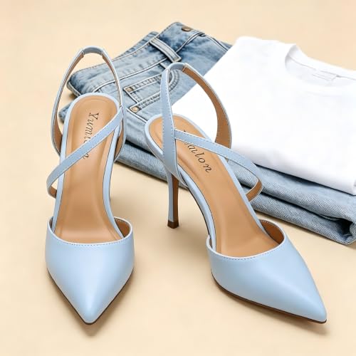Image of Closed Toe Slingback Heels Wedding High Stiletto Heel for Women 3.3 Inch Ankle Strap Pointed Toe Pumps Prom Dress Bride Shoes for Dinner Party Sexy