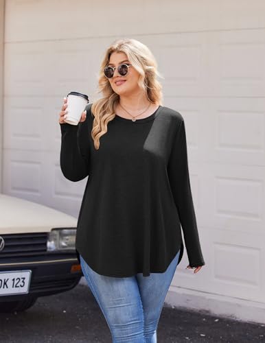 IN'VOLAND Womens Plus Size Long Sleeve Shirts Crewneck Side Split Tunic Tops Basic Loose Fit Tee Tops 20252