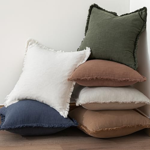 Image of MIULEE Decorative Throw Pillow Covers Neutral Linen Fringe Throw Pillows Set of 2 Rifle Green Boho Farmhouse Cushion Covers with Tassels for Couch Sofa Bed Living Room Spring Home Decor 18x18 Inch
