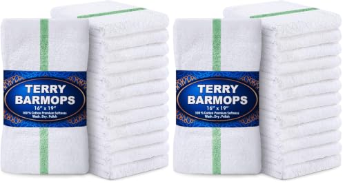 Image of GREEN LIFESTYLE Terry Bar Mops 16 inch x 19 inch 24 Pack - 28 oz Cotton Bar Towels, Absorbent Kitchen Towels, Cleaning Rags for Restaurant, Food Service, Bar and Home Use (White with Green Stripe)
