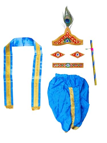 Image of Shri Krishna Costume Set - Ethnic Wear with Golden Jari Angavastram & Dhoti, Traditional Dress Set of 7 for Boys & Girls - Ideal for Janmashtami, Fancy Dress, and Festivals