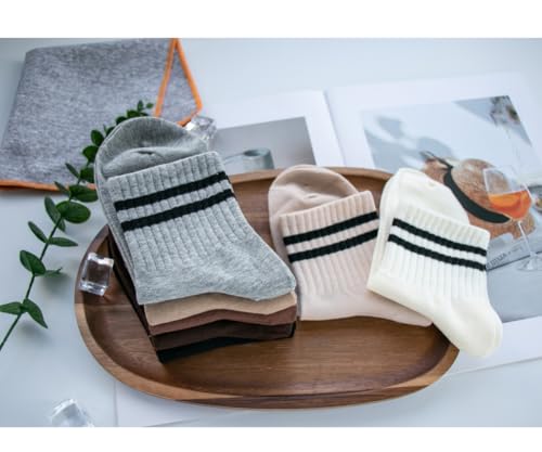 Image of Deeorla Womens Striped Crew Socks Brown Vintage Retro Athletic Socks 5 Pairs