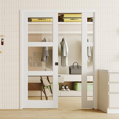 Image of Sliding Pocket Door with Lock, 56 inch x 80 inch, 3-Lite Clear Tempered Glass Pocket Doors with Frame and Hardware Kit Set, Interior Door Slab, White Primed - No Panel Assembly Required