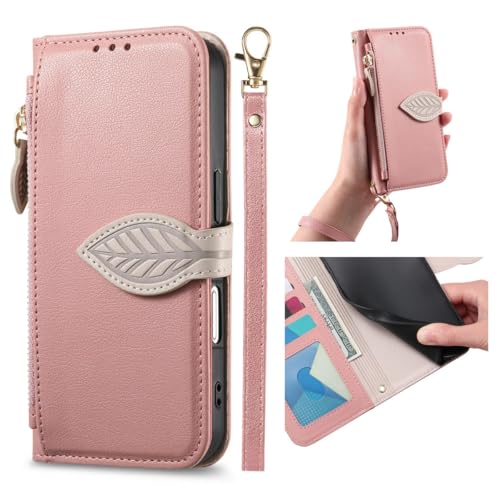 HOJODDO Funda Cartera para Xiaomi Redmi Note 11S 4G/Note 11 4G/12S 4G con Correa de Muñeca, Funda Tipo Libro con Cremallera, Carcasa Magnética Linda con Patrón de Hojas. Rosa