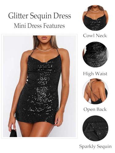 Image of MIYIEONZ Women's Sequin Sparkly Glitter Dress Sexy Sleeveless Backless Spaghetti Strap Party Club Bodycon Mini Dress