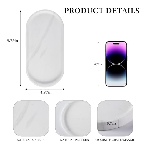 Image of Koville White Marble Oval Tray for Bathroom Countertop, 10 inch x 5 inch Natural Marble Vanity Trays, Stone Perfume Organizer Tray for Decor, Jewelry Dish Perfume Trays for Dresser
