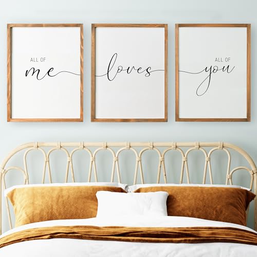Set of 3 Framed Farmhouse All of Me Loves All of You Sign 11x14” Above Bed Wall Decor for Bedroom Decor Wall Art Wood Signs (11x14, Brown)