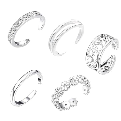 5PCS Toe Rings for Women Minimalist Toe Rings for Women Sterling Silver Open Adjustable Toe Ring Foot Jewelry Set for Summer Beach and Casual Wear