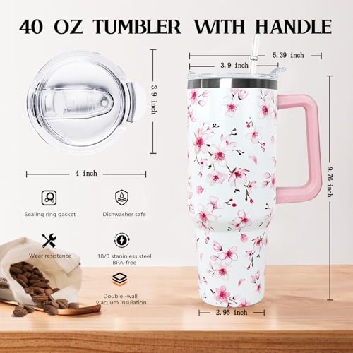 Ceovfoi 40oz Cherry Blossoms Insulated Stainless Steel Travel Tumbler with Handle, Lid and Straw, Pink Cherry Blossoms Floral Design, Perfect for Women, Adults, Home, Travel, Nursing