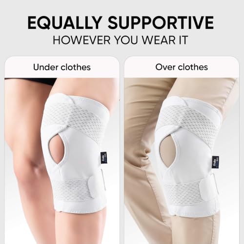 Image of Frido Orthotics Knee Support Wrap | Adjustable Knee Brace with Open Patella & Compression | Pain Relief for Arthritis, Meniscus Tear, Injury | Gym, Sports, Running, Walking, Size-M, 1 Unit-White