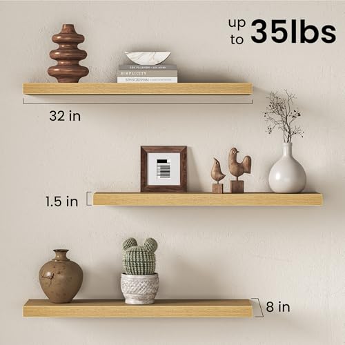 Image of Fun Memories 32Inch Floating Shelves for Wall, 8 Inch Deep Shelves for Bathroom|Bedroom|Kitchen Wall Mounted, Wood Hanging Shelf with Invisible Brackets for Home Storage Decor, Oak - 2 Pack