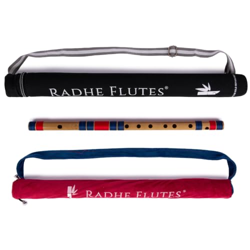 Image of Radhe Flutes Bamboo Bansuri C Sharp Right Handed Middle Octave (18 inch) With Hard Cover (Beige Flute With Dark Blue & Red Threads)