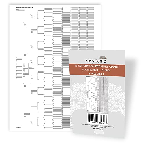 Easygenie 201364 10 Generation Blank Pedigree Charts Plus Kids (Single Sheet) | Archival Quality Genealogy Charts cover