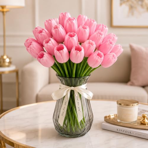 Image of Pink Olive 5 Pcs Artificial Tulip Flower Bunches for Vase | Silk Faux Flowers for Home Decor, Table Centerpiece, Living Room, Bedroom, Wedding Party, Gift (Vase Not Included)