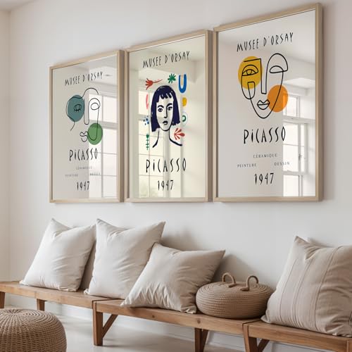Image of NoWorries Abstract Art Wall Frame | Minimal Line Artwork Wall Paintings 300 GSM Premium Prints | Modern Museum Style Decor for Living Room, Bedroom & Office | Inspired Contemporary Abstract Synthetic Wooden Wall Art Frames (Set of-3) (NATURAL, ART-2, 13X19INCHES)