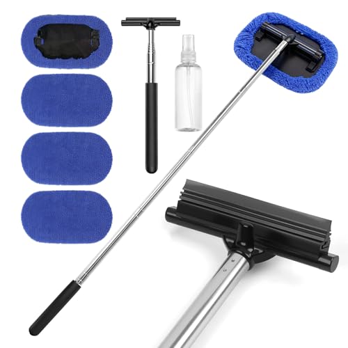 Nettoyeur Vitre Professionnel Complet avec Raclette Vitre Télescopique Inox (22-98.5cm) Brosse Tête et Spray Vide pour Fenêtres Rétroviseurs Pare-Brise Nettoyage Démoussage 4 Microfibre Voiture