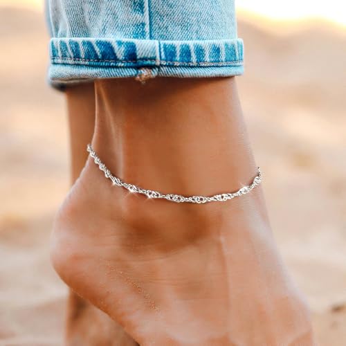 Image of Gold Anklet Silver Ankle Bracelets for Women, 14k Gold Plated Anklets for Women Waterproof Adjustable Hypoallergenic Cute Dainty Simple Twist Chain Anklet Trendy Foot Jewelry Gift