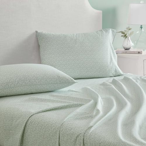 Image of Martha Stewart - Queen Size Sheets Set, Crisp & Tailored Cooling Sheets w /a Naturally Smooth Cotton Percale Lightweight Feel - Bed Sheets with Matching Pillowcases & Fitted Sheet (Leaves Green)