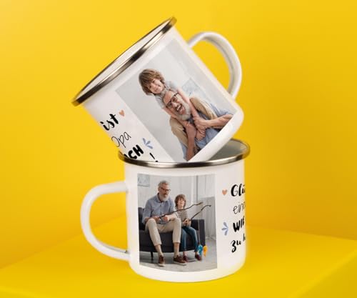 ORWO – 300 ml Emaille-Tasse bedrucken und mit Foto personalisieren | robuste Blechtasse | Emaille-Becher mit Namen | hochwertiger Druck: handmade in Germany (Glück ist)