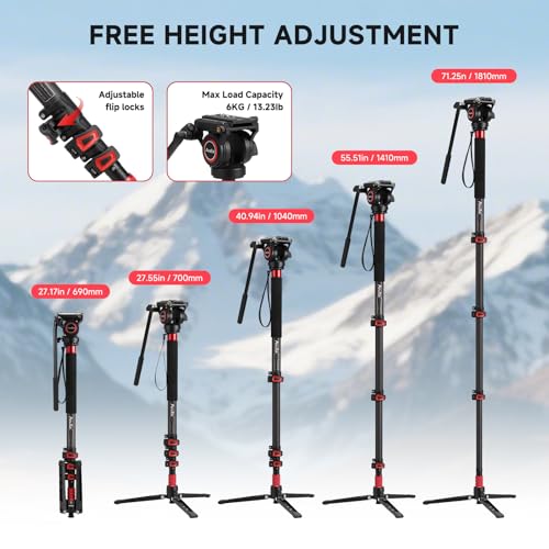 Avella CD324 Carbon Fiber Video Monopod Kit, with Fluid Head and Removable feet, 71 Inch Max Load 13.2 LB for Canon Nikon Sony Olympus Panasonic DSLR Camera