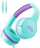 WaveBlend Kids Headphones with Cord - Wired Headphones for Kids, Volume Limited for Safe Listening, Comfortable & Durable, 3.5mm Jack for School, Tablet, Travel, GreenPurple
