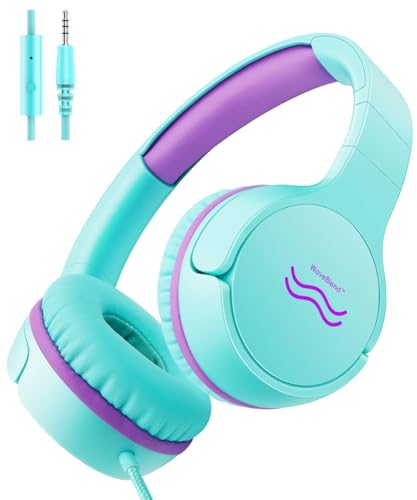 WaveBlend Kids Headphones with Cord - Wired Headphones for Kids, Volume Limited for Safe Listening, Comfortable & Durable, 3.5mm Jack for School, Tablet, Travel, GreenPurple
