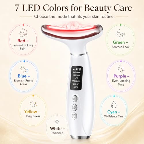 GIHWRRI Red Light Therapy for Face and Neck, 7-Color LED Face Massager with EMS, Heat & Vibration, 6 Modes & 4 Intensities, Rechargeable Face Sculpting Tool for At-Home Skincare