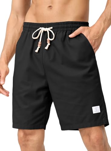 Image of JMIERR Mens Shorts Linen Cotton Casual Elastic Waist Drawstring Lightweight Summer Beach Shorts with Pockets,Black,3XL