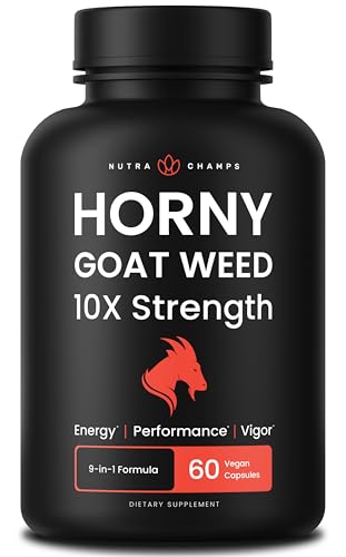 Image of NutraChamps Horny Goat Weed, 1000mg Epimedium Energy Supplement, 10X Strength Icariin, Ginseng, Tribulus & Maca Pills for Women & Men, Enhanced Absorption with Black Pepper, 60 Vegan Capsules