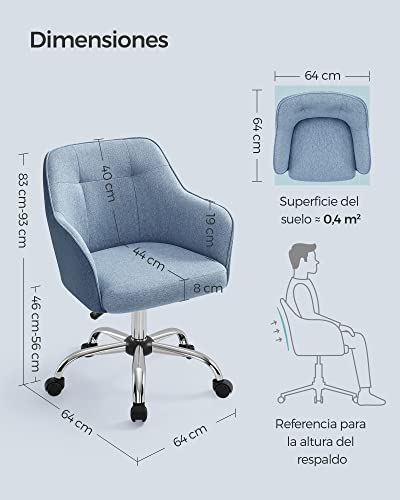 Miniatura 3 de Songmics Silla De Estudio, Silla Giratoria, Altura Ajustable, Carga De 110 Kg, Marco De Acero, Tela De Algodón-Lino Transpirable, Para Estudio, Dormitorio, Azul Obg019q01