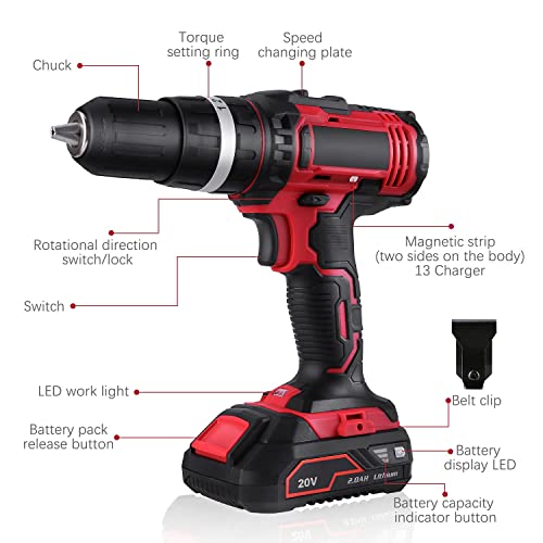 Cordless Drill 20V, Electric Power Drill Drivers Set 1/2'' Keyless Metal Chuck, 2.0Ah Lithium-Ion Battery & Fast Charger, 2 Variable Speed,350 In-Lb Torque, 16+3 Stage Settings & 42 Pcs Drill Bits (A) #TOP1