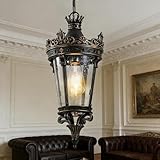 usiopup Mediterranean Outdoor Hanging Light, Wrought Iron Chandelier, Tuscan Style Patio Pendant Fixture, Scrollwork Design, Glass Lantern Shade for Courtyard Garden