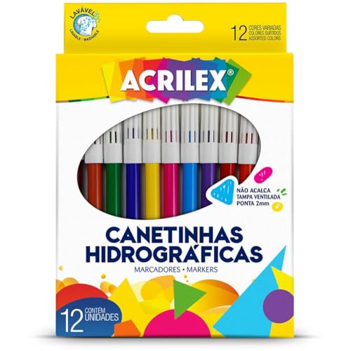 Caneta Hidrocor, Ponta 2 mm, 12 Cores, Acrilex