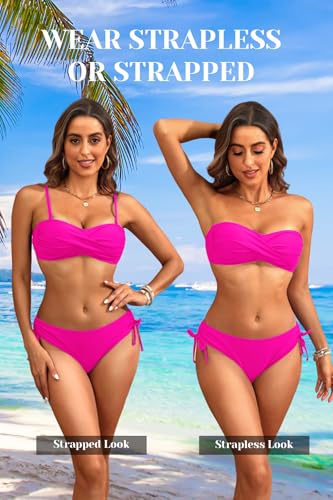 Image of Women's Strapless Bandeau Bikini Set - Twist Front Two Piece Swimsuit Top with Side Tie Bathing Suit Bottom