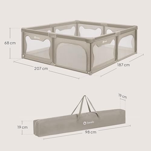 LIONELO WILLOW XL Laufgitter Baby, ab 0-48 Monaten große Fläche 187 cm x 207 cm x 68 cm, Laufgitter Baby mit Seitenwände aus atmungsaktiven Netzstoff, 2 Seitliche Eingänge mit einem Reißverschluss