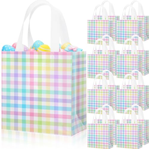 Sweetude 32 Pcs Spring Easter Checkered Gift Bag with Handles Easter Eggs Hunt Bags Party Favors Non Woven Reusable Tote Bags for Women Wedding Birthday Baby Shower Party Decoration