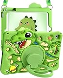Kokaade for iPad 9.7 Inch for iPad 6th/5th Generation Case 2018 2017 - Soft Silicone Cute Cartoon Green Dinosaur with Shoulder Strap & Rotating Stand 3D for Boys Girls Teens for Air1 Air2